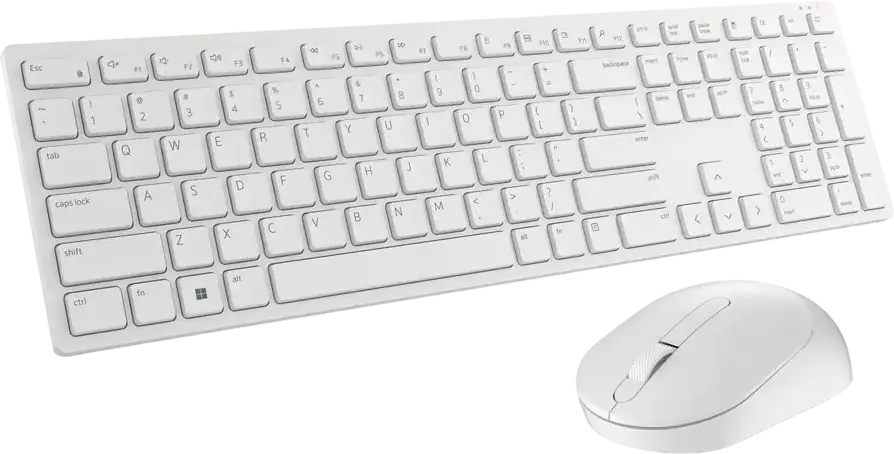 Set Tastatură și Mouse Wireless Dell KM5221W, Alb, Layout Engleză/Rusă, Taste Silențioase, Picioare Ergonomice Reglabile, Mouse Simetric, Baterie până la 36 de Luni, Receptor USB