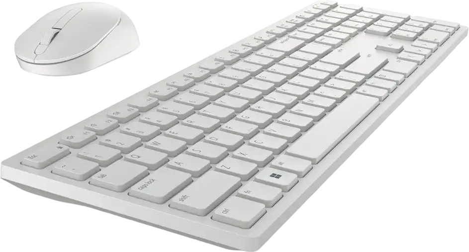 Set Tastatură și Mouse Wireless Dell KM5221W, Alb, Layout Engleză/Rusă, Taste Silențioase, Picioare Ergonomice Reglabile, Mouse Simetric, Baterie până la 36 de Luni, Receptor USB