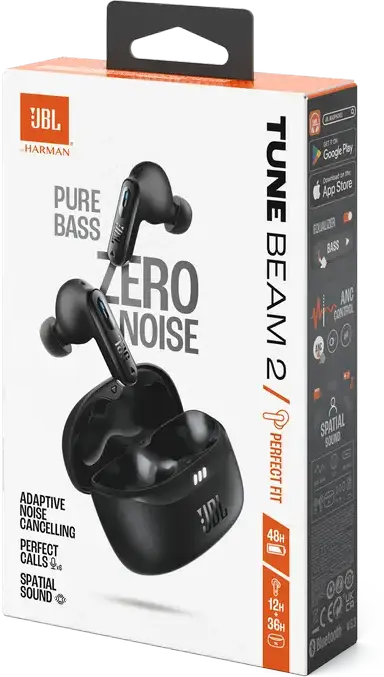 JBL Tune Beam 2 True Wireless Stereo Earbuds, Black, Adaptive Noise Cancelling, 10mm Dynamic Driver, Pure Bass Sound, IP54 Water Resistant, Bluetooth 5.3, 48h Total Playtime