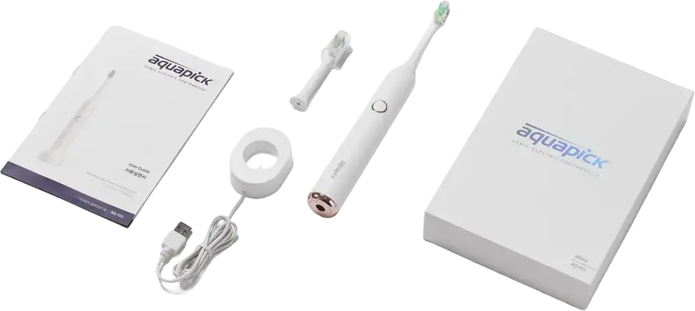Aquapick AQ 102 Sonic Electric Toothbrush for Adults, 2 Cleaning Modes (Clean & Sensitive), Up to 36,000 VPM, Rechargeable Battery, 2-Minute Timer, White, Includes Handle, 2 Brush Heads, Charger