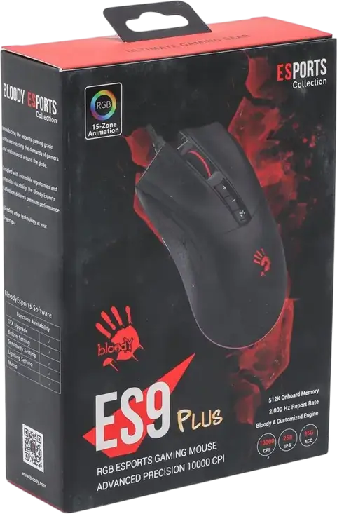 Bloody ES9 Plus Gaming Mouse, BC3332-A Sensor 10,000 DPI, 8000 fps, 7 Buttons, 15-Zone RGB Lighting, 512K Onboard Memory, Wired USB, Black