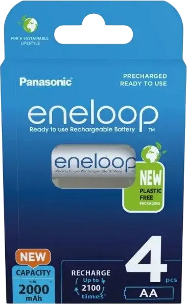 Аккумуляторы Panasonic eneloop BK-3MCDE AA Ni-MH, 4 шт. в упаковке, 2000 мАч, 1.2В, Предзаряженные, до 2100 циклов перезарядки, работа при -20°C
