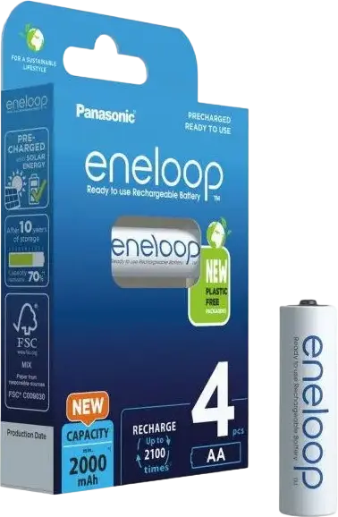 Аккумуляторы Panasonic eneloop BK-3MCDE AA Ni-MH, 4 шт. в упаковке, 2000 мАч, 1.2В, Предзаряженные, до 2100 циклов перезарядки, работа при -20°C
