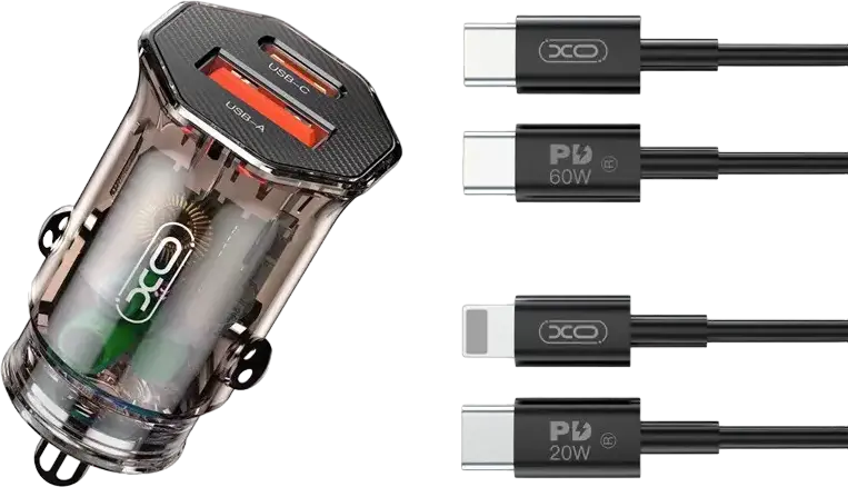 Автомобильное зарядное устройство XO CC50 20Вт с двумя портами PD 20Вт Type-C и QC3.0 18Вт USB-A, прозрачный корпус из поликарбоната, Коричневый, 12-24В