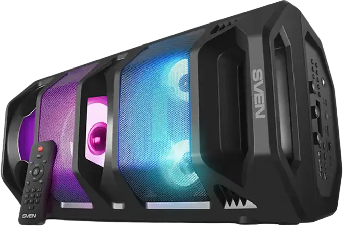Sistem Boxe Karaoke Portabile SVEN PS-670, Putere 65W RMS, Bluetooth, TWS, Iluminare RGB, Radio FM, Baterie Li-Ion, Intrare Microfon, Culoare: Negru