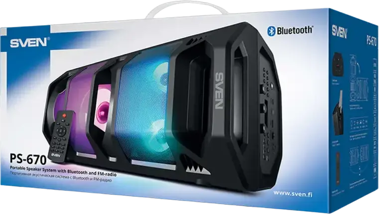 Sistem Boxe Karaoke Portabile SVEN PS-670, Putere 65W RMS, Bluetooth, TWS, Iluminare RGB, Radio FM, Baterie Li-Ion, Intrare Microfon, Culoare: Negru