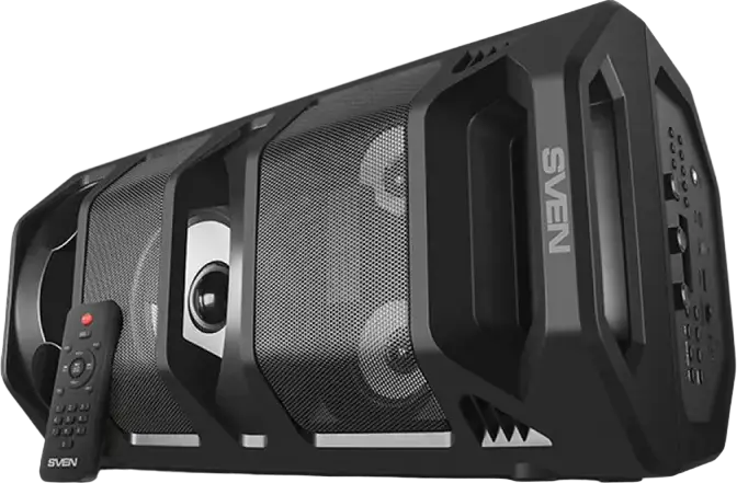 Sistem Boxe Karaoke Portabile SVEN PS-670, Putere 65W RMS, Bluetooth, TWS, Iluminare RGB, Radio FM, Baterie Li-Ion, Intrare Microfon, Culoare: Negru