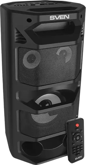 Sistem Boxe Karaoke Portabile SVEN PS-670, Putere 65W RMS, Bluetooth, TWS, Iluminare RGB, Radio FM, Baterie Li-Ion, Intrare Microfon, Culoare: Negru