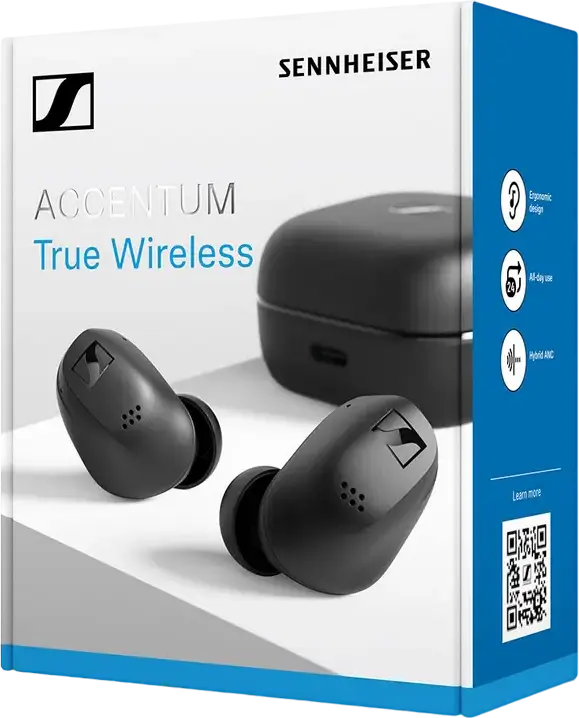 Sennheiser Accentum True Wireless (TWS) Earbuds, Black, Bluetooth 5.3, ANC, Transparency Mode, aptX, IP54, Multipoint, Auracast, 28h Total Battery, USB-C