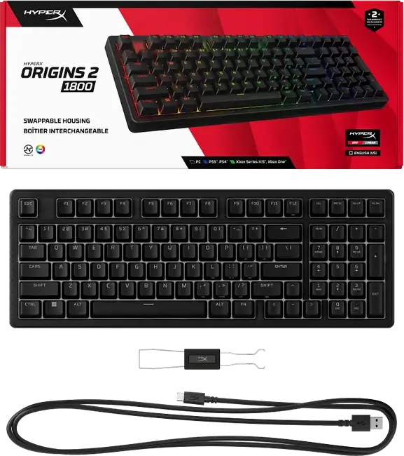 HyperX Origins 2 1800 Mechanical Gaming Keyboard, Wired USB-C to USB-A, Hot-swappable Red Linear Switches, 8000Hz Polling Rate, RGB Backlit, Black