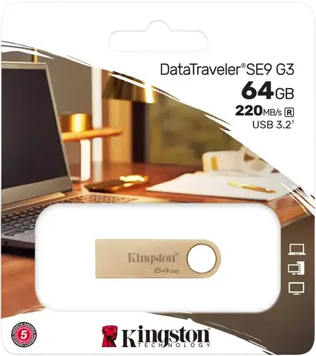 Kingston DataTraveler SE9 G3 64GB USB 3.2 Gen 1 Flash Drive, up to 220MB/s Read, 100MB/s Write, Cap-less All-Metal Casing with Integrated Keyring Loop