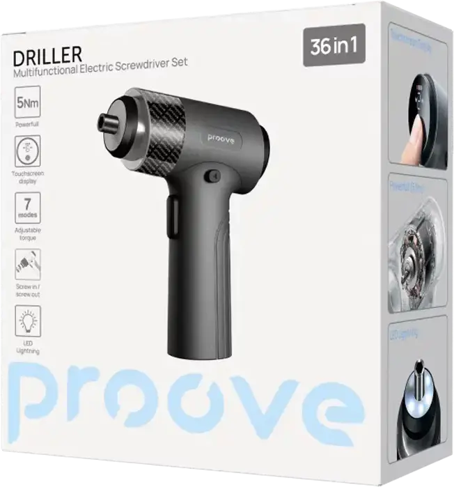 Proove Driller 36in1 Electric Screwdriver Set, 5 Nm Max Torque, 2500 mAh Battery, Touchscreen, 7 Adjustable Modes, S2 Steel Bits, Integrated LED, Gray