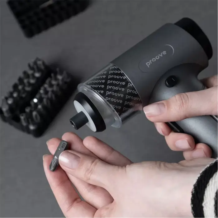 Proove Driller 36in1 Electric Screwdriver Set, 5 Nm Max Torque, 2500 mAh Battery, Touchscreen, 7 Adjustable Modes, S2 Steel Bits, Integrated LED, Gray