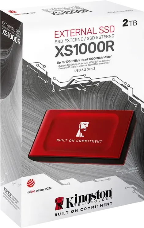 Kingston XS1000 Portable External SSD, 2TB, Red, USB 3.2 Gen 2, USB Type-C and Type-A, Read Speed up to 1050 MB/s, Compact Metal and ABS Case