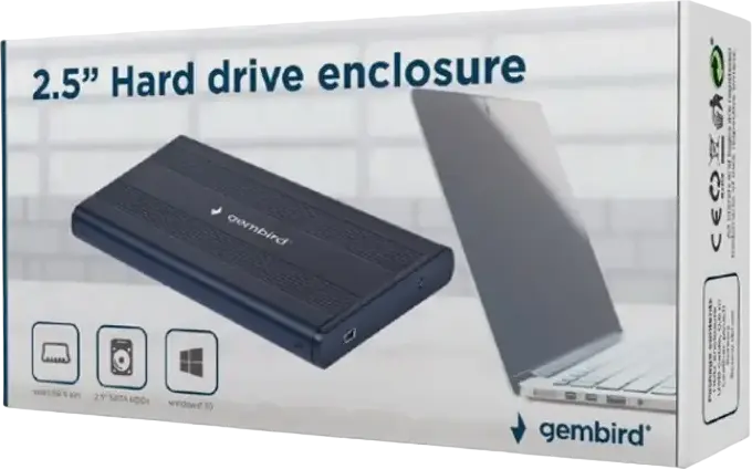 Gembird EE2-U2S-5 External 2.5" SATA HDD SSD Enclosure, USB 2.0 to SATA-3 6Gb/s Interface, Aluminum and ABS Plastic Case with LED Indicator, Color: Black, External Interface: USB 2.0