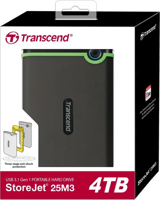 HDD Extern Portabil Transcend StoreJet 25M3S TS4TJS25M3S 4TB, USB 3.1 Gen 1, Carcasă Rezistentă la Șocuri MIL-STD-810G, Backup Auto One-Touch, Gri