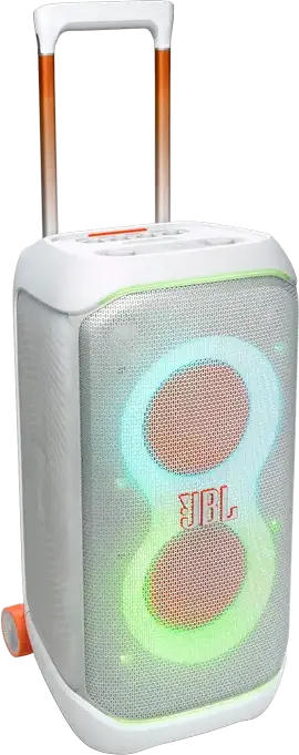 Портативная акустическая система JBL PartyBox Stage 320, 240 Вт RMS, Bluetooth 5.4, защита IPX4, LED-подсветка, аккумулятор до 18ч, колеса и ручка, Цвет: белый
