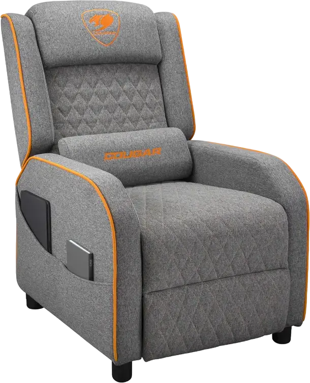 Cougar Ranger One Gaming Sofa CGR-RAO, Grey | Orange Breathable Woven Fabric, Foldable Footrest, Tilted Backrest, Side Pocket, 150kg Capacity, with Headrest and Lumbar Pillows