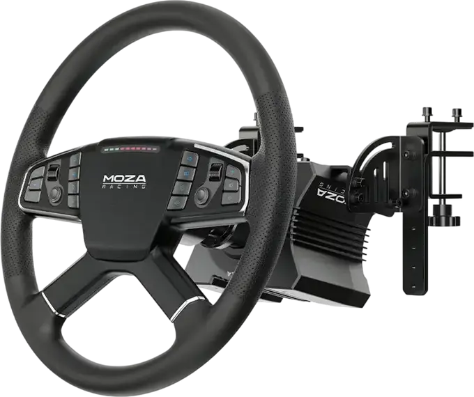Set MOZA Trucking Bundle - Bază Volan R5 Direct Drive 5.5Nm, Volan TSW 400mm Aluminiu, 3 Pedale SR-P Lite cu Senzor Hall și Clește pentru PC, ETS2, ATS