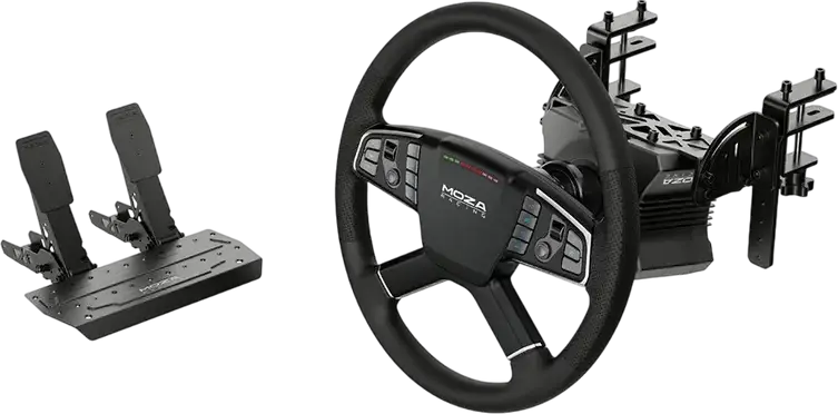 Set MOZA Trucking Bundle - Bază Volan R5 Direct Drive 5.5Nm, Volan TSW 400mm Aluminiu, 3 Pedale SR-P Lite cu Senzor Hall și Clește pentru PC, ETS2, ATS