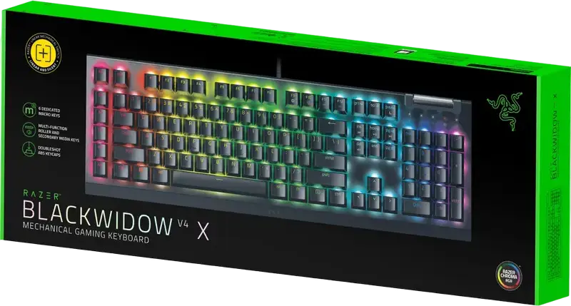 Tastatură Gaming Mecanică Razer BlackWidow V4 X RZ03-04701800-R3M1, Conexiune cu Fir, Switch-uri Yellow Lineare și Silențioase, Chroma RGB, 6 Taste Macro, Carcasă Aluminiu