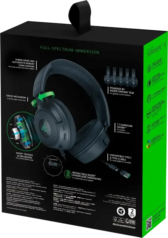 Casca Gaming Razer Kraken V4 X RZ04-05180100-R3M1, Cu Fir pentru PC, Mac, PlayStation, Nintendo Switch, Mobile, Difuzoare TriForce 40mm, Microfon Retractabil HyperClear Cardioid, Sound 7.1 Surround, Chroma RGB, USB Type-C/A