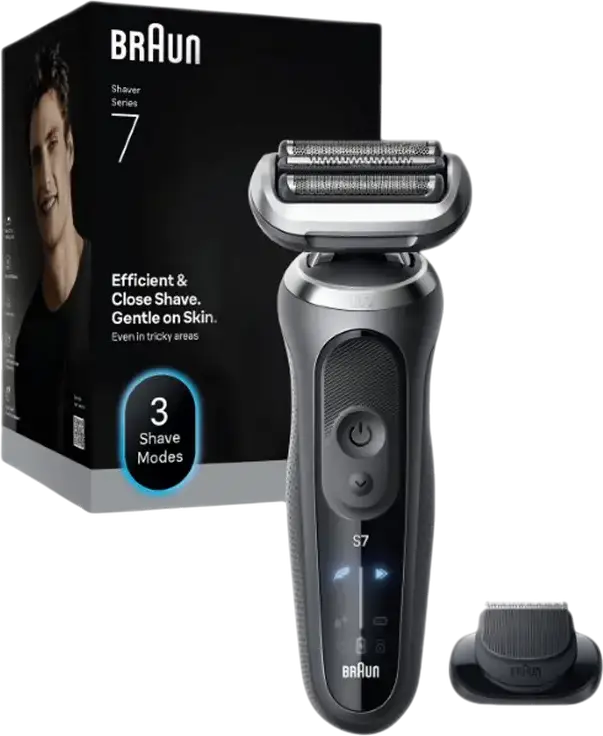 Braun Series 7 72-G1200s Electric Foil Shaver, 360° SkinFlex Adaptive Head, AutoSense Technology, Wet & Dry, Li-ion Battery, Smart LED Display, Grey, with Precision Trimmer, Travel Case, Power Cable, Cleaning Brush