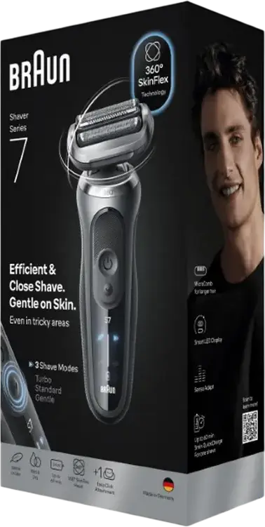 Braun Series 7 72-G1200s Electric Foil Shaver, 360° SkinFlex Adaptive Head, AutoSense Technology, Wet & Dry, Li-ion Battery, Smart LED Display, Grey, with Precision Trimmer, Travel Case, Power Cable, Cleaning Brush
