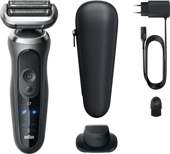 Braun Series 7 72-G1200s Electric Foil Shaver, 360° SkinFlex Adaptive Head, AutoSense Technology, Wet & Dry, Li-ion Battery, Smart LED Display, Grey, with Precision Trimmer, Travel Case, Power Cable, Cleaning Brush
