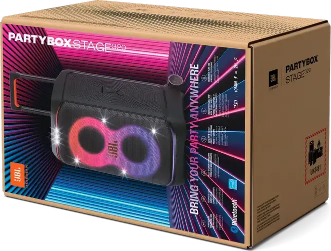 Портативная акустическая система JBL PartyBox Stage 320, 240 Вт RMS, защита IPX4, Bluetooth 5.4 Auracast, AI Sound Boost, световое шоу, Цвет: черный