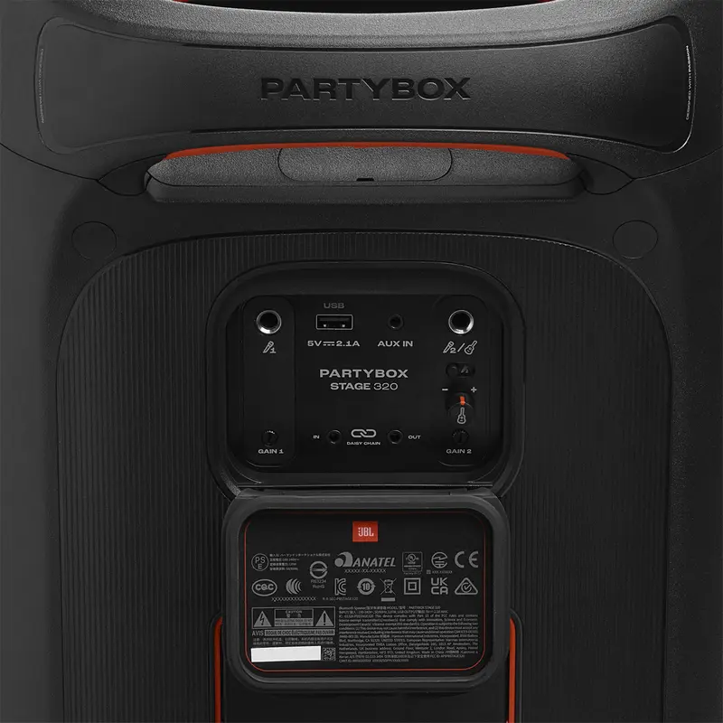Портативная акустическая система JBL PartyBox Stage 320, 240 Вт RMS, защита IPX4, Bluetooth 5.4 Auracast, AI Sound Boost, световое шоу, Цвет: черный