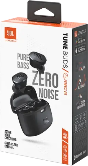 Беспроводные наушники JBL Tune Buds TWS, цвет черный, активное шумоподавление, 10-мм драйверы, Pure Bass Sound, до 48 ч работы, Bluetooth 5.3, защита IP54