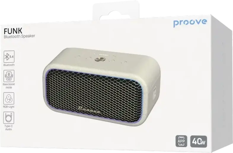 Proove Funk 40W Portable Wireless Speaker, Beige, 40W Audio Power, RGB LED Lighting, ABS Durable Body, App Control with Equalizer, Battery Powered for Indoor and Outdoor Use