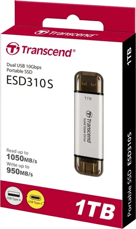 Transcend ESD310S Portable SSD 1 TB, Silver, Dual USB Type-A and Type-C Connector, USB 3.2 Gen 2 10Gbps, 1,050 MB/s Read Speed, 3D NAND Flash, AES 256-bit Encryption