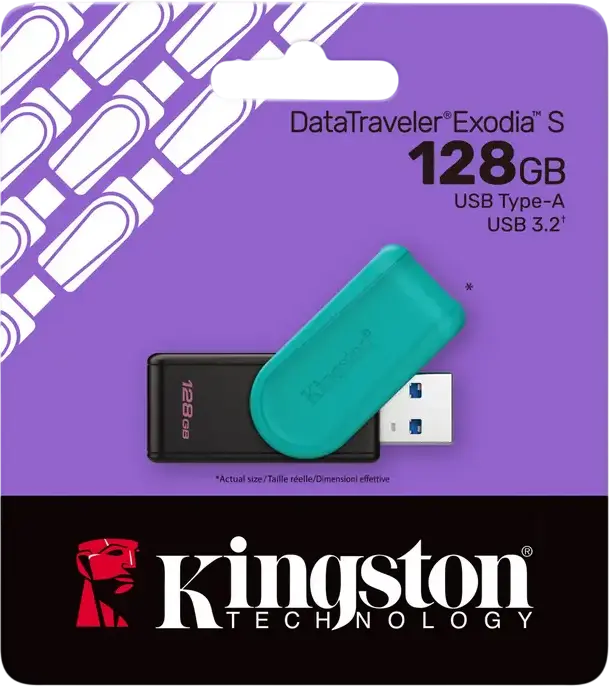 Stick USB Kingston DataTraveler Exodia S, Interfață USB 3.2 Gen 1, 128 GB, Negru | Verde, Conector USB Type-A, Design cu Capac Pivotant, Stocare Portabilă de Mare Viteză