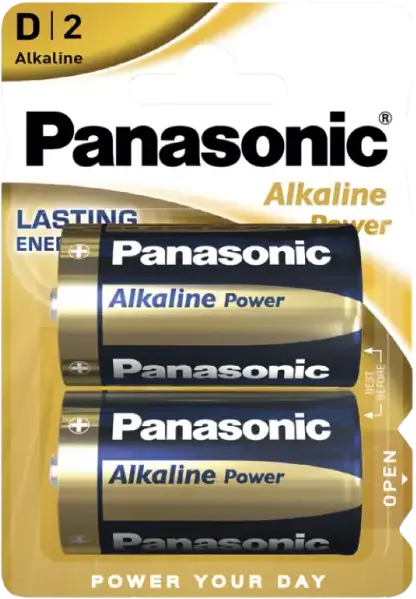 Baterii Panasonic LR20 Alkaline Power Tip D, 1.5V, Dimensiuni Standard 33.2mm x 61.5mm, 2 bucăți