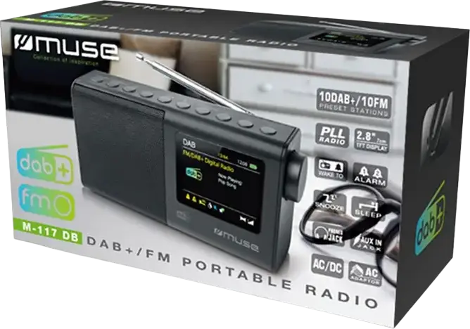 Radio Portabil Muse M-117 DB, Tuner DAB/DAB+ și FM PLL, Ecran Color TFT LCD 2.8", Putere 3W RMS, Alarmă, Timer Sleep, Intrări Aux-in, Negru