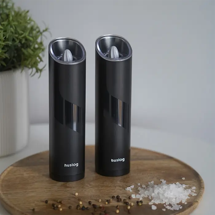 Huslog AK-0549 Electric Grinder Set, 2 Pieces, Salt and Pepper Mill with Transparent Viewing Window, Black