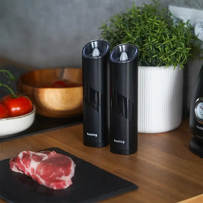 Huslog AK-0549 Electric Grinder Set, 2 Pieces, Salt and Pepper Mill with Transparent Viewing Window, Black