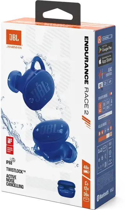 JBL Endurance Race 2 True Wireless Earbuds, Blue, Active Noise Cancelling (ANC), IP68 Waterproof and Dustproof, JBL Pure Bass Sound, 48h Battery Life