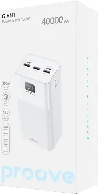 Power Bank Proove Giant 40000mAh 100W Incarcator Extern Rapid, Alb, PD Power Delivery, QC, Display Digital LED, 3x USB-A 1x USB-C pentru Laptopuri si Telefoane