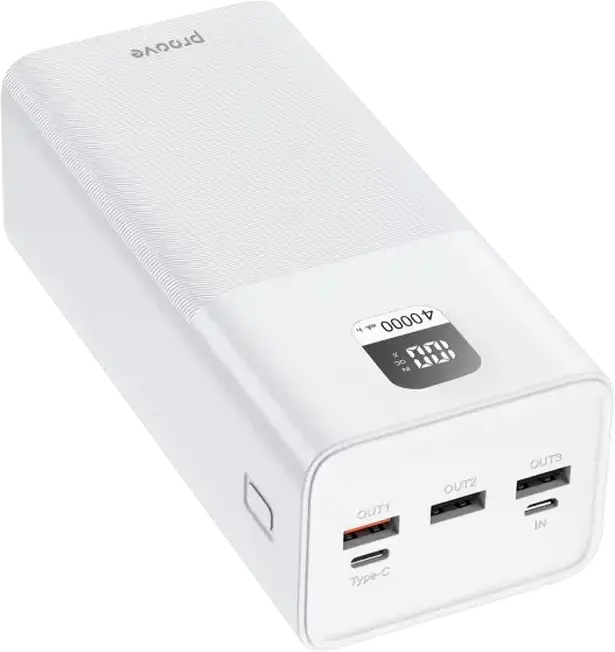 Power Bank Proove Giant 40000mAh 100W Incarcator Extern Rapid, Alb, PD Power Delivery, QC, Display Digital LED, 3x USB-A 1x USB-C pentru Laptopuri si Telefoane