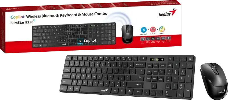 Set Tastatură și Mouse Wireless Genius SlimStar 8250, Layout QWERTY, Dual Mode Bluetooth 5.3 și 2.4GHz RF, Taste Membrană Slim, Taste Hotkey AI Copilot, Negru