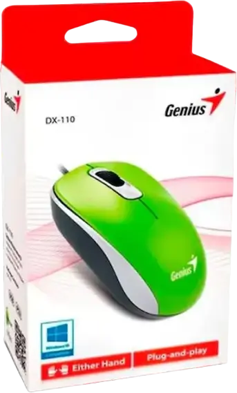 Проводная оптическая мышь Genius DX-110, Зеленая, 1200 DPI, 3 кнопки, амбидекстерный дизайн, интерфейс USB, кабель 1.5м, совместимость с Windows и macOS