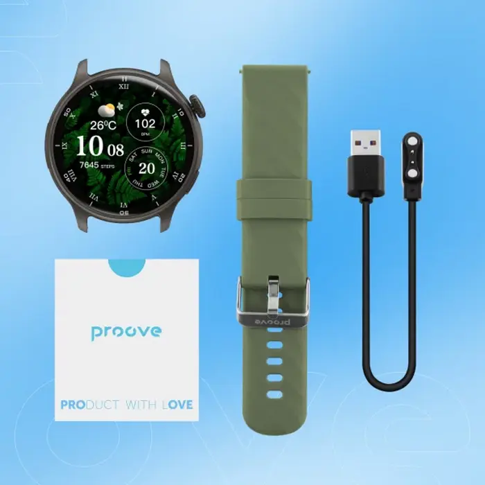 Smartwatch Proove Terra - Grafit/Verde, cu Ecran AMOLED 1.43", GPS, Senzori Ritm Cardiac și SpO2, Bluetooth 5.2, Rezistență Apă 3 ATM, Compatibil Android și iOS