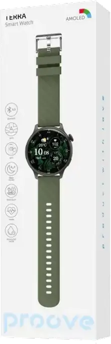 Smartwatch Proove Terra - Grafit/Verde, cu Ecran AMOLED 1.43", GPS, Senzori Ritm Cardiac și SpO2, Bluetooth 5.2, Rezistență Apă 3 ATM, Compatibil Android și iOS