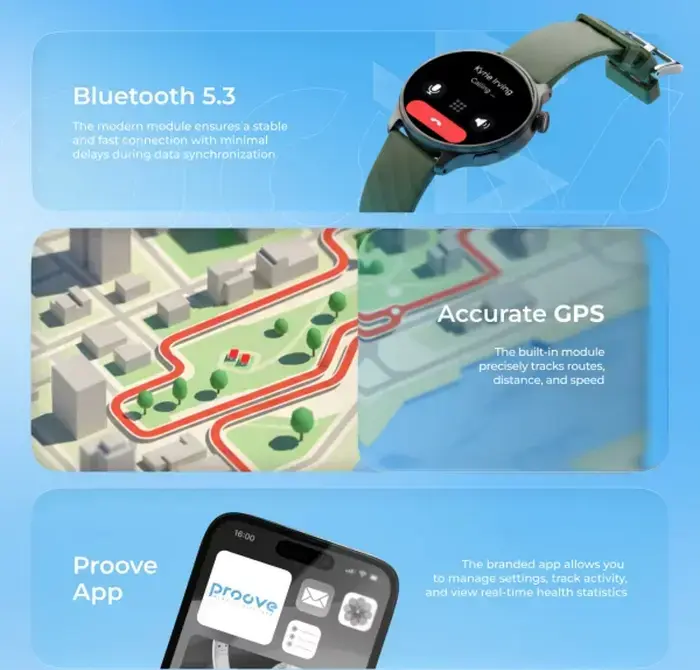 Smartwatch Proove Terra - Grafit/Verde, cu Ecran AMOLED 1.43", GPS, Senzori Ritm Cardiac și SpO2, Bluetooth 5.2, Rezistență Apă 3 ATM, Compatibil Android și iOS