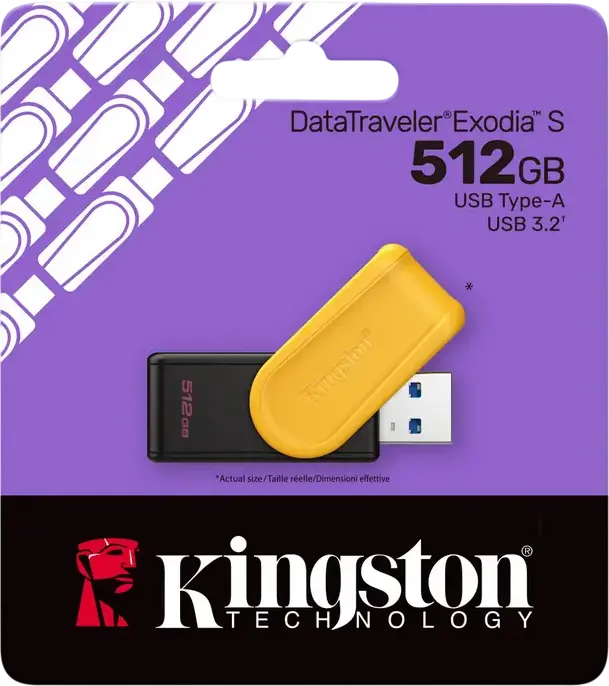 Kingston DataTraveler Exodia S USB 3.2 Gen 1 Flash Drive, 512 GB, Black | Yellow, USB Type-A Connector, Rotating Swivel Cap Design, High-Speed Portable Storage