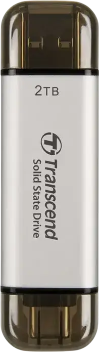 Transcend ESD310S Portable SSD 2 TB, Silver, Dual USB Type-A and Type-C Connector, USB 3.2 Gen 2 10Gbps, 1,050 MB/s Read Speed, 3D NAND Flash, AES 256-bit Encryption