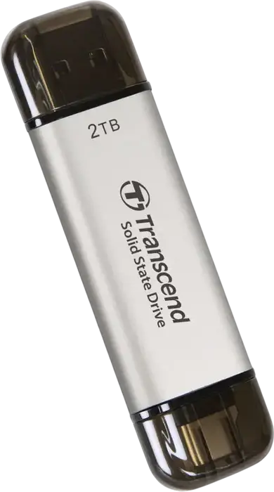 Transcend ESD310S Portable SSD 2 TB, Silver, Dual USB Type-A and Type-C Connector, USB 3.2 Gen 2 10Gbps, 1,050 MB/s Read Speed, 3D NAND Flash, AES 256-bit Encryption